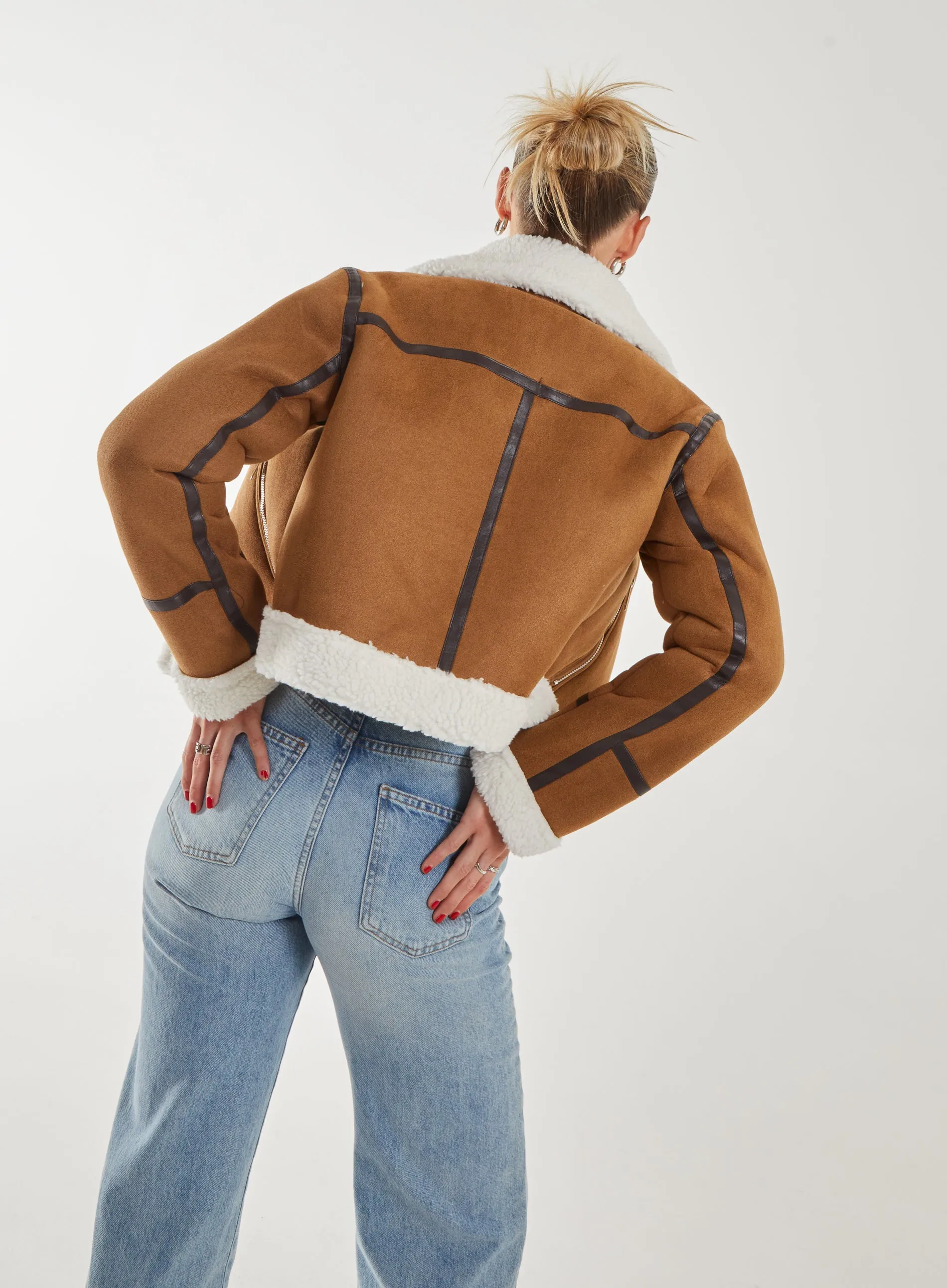 Faux Shearling Collar Zip Jacket