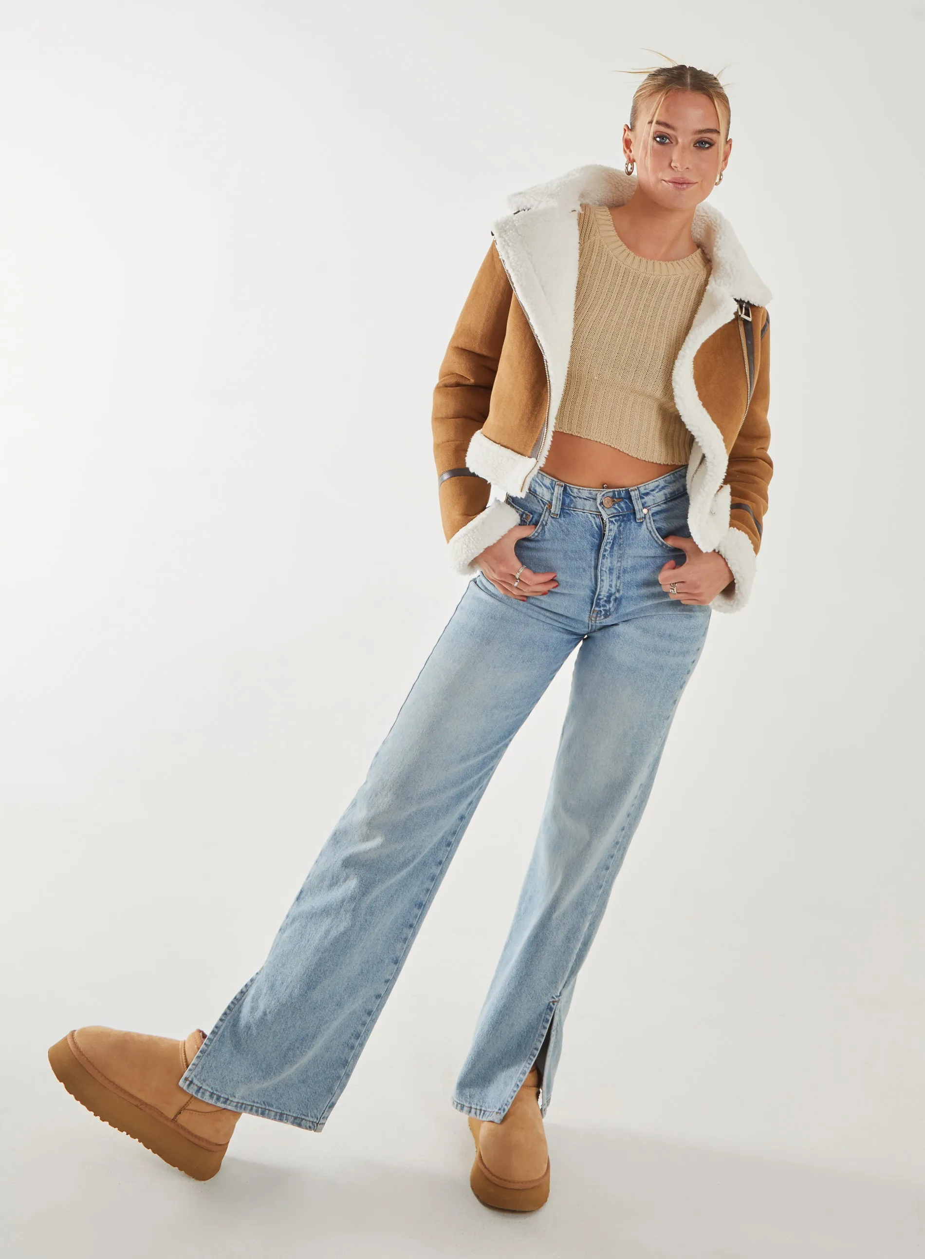 Faux Shearling Collar Zip Jacket