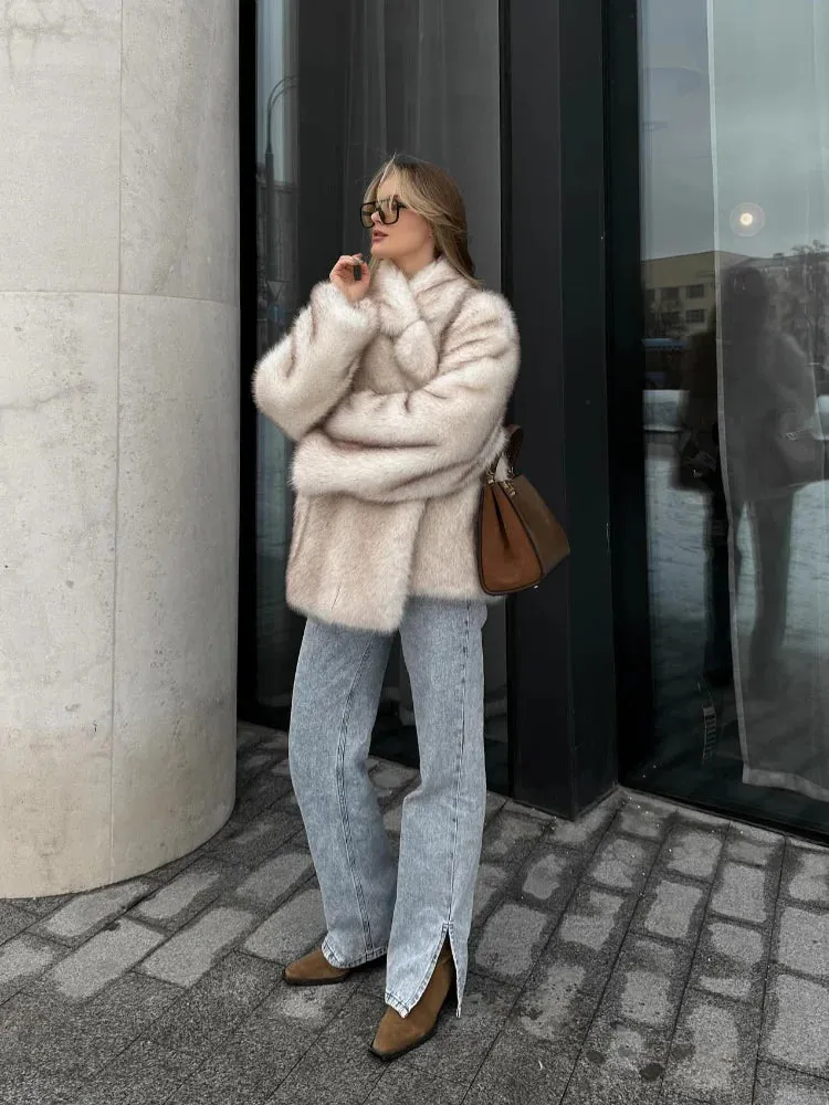 Fluffy Faux Fur Lapel Short Overcoat