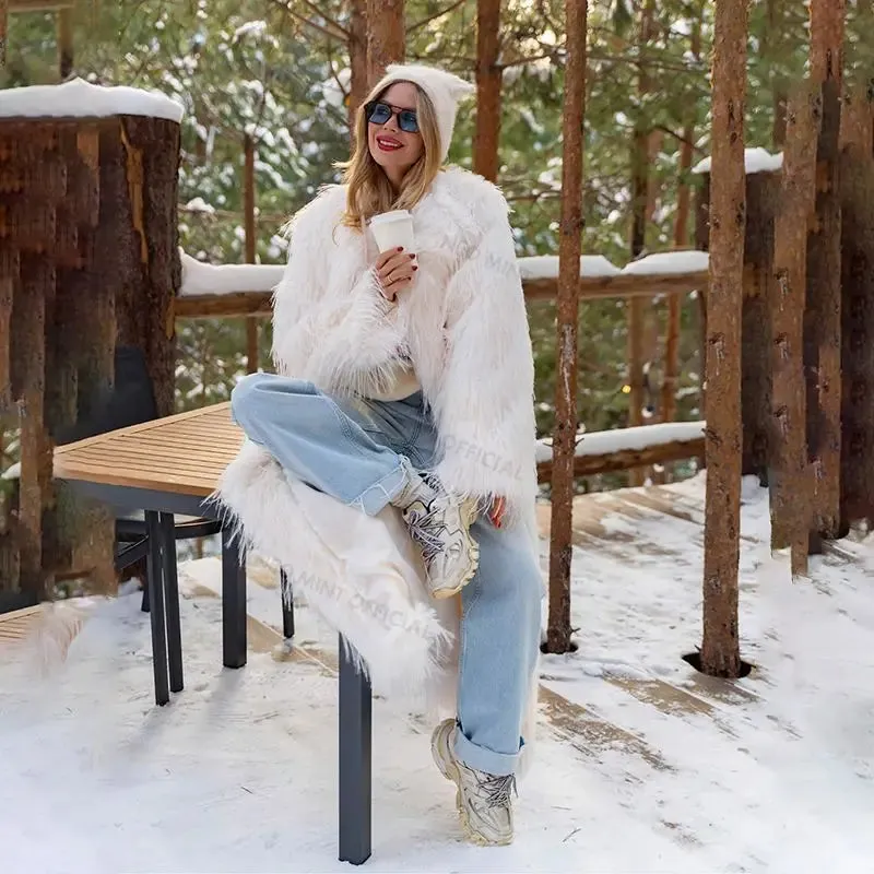 Fluffy Jacket Turkey Warm Eco Long Faux Fur Lightweight Vibrant Fashion Luxury Outerwear  Thick Women Winter Coat Overcoat Fur Tassels