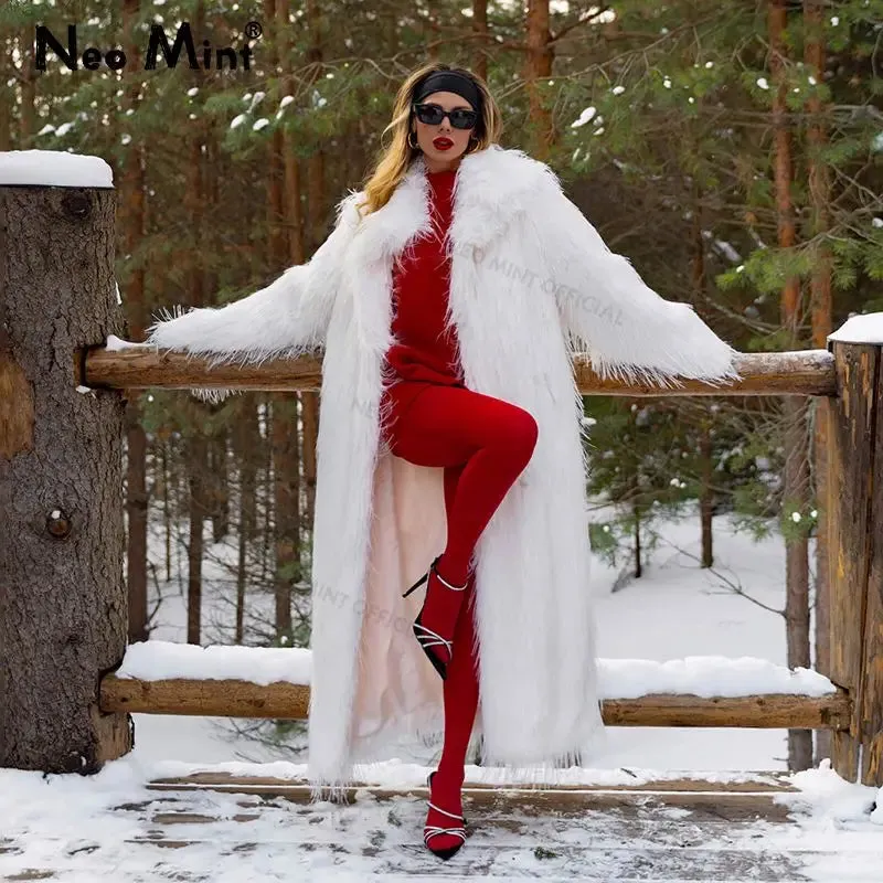 Fluffy Jacket Turkey Warm Eco Long Faux Fur Lightweight Vibrant Fashion Luxury Outerwear  Thick Women Winter Coat Overcoat Fur Tassels