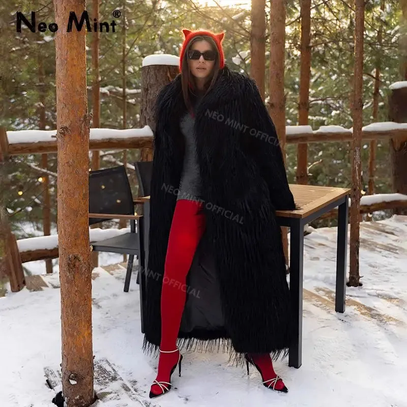 Fluffy Jacket Turkey Warm Eco Long Faux Fur Lightweight Vibrant Fashion Luxury Outerwear  Thick Women Winter Coat Overcoat Fur Tassels