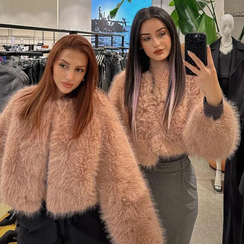 Fox Streetwear Fur Female Women Ins Fashion Brand Coat Chic Fur Girls  Faux Cropped Hassle-free returns All-in-one collection Fluffy Pink Winter Sweet Jacket