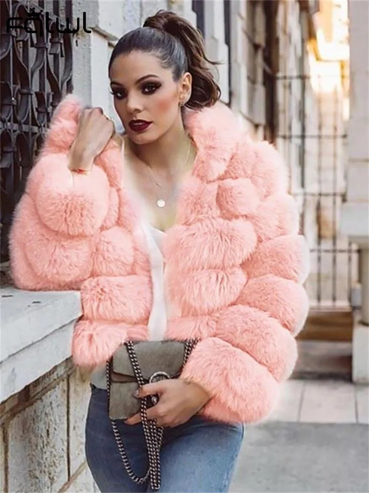 FQLWL Winter Bodycon Dress For Women 2022 White Long Sleeve Hooded Faux Fur Pink Coat Fashion Coats And Jacket Women