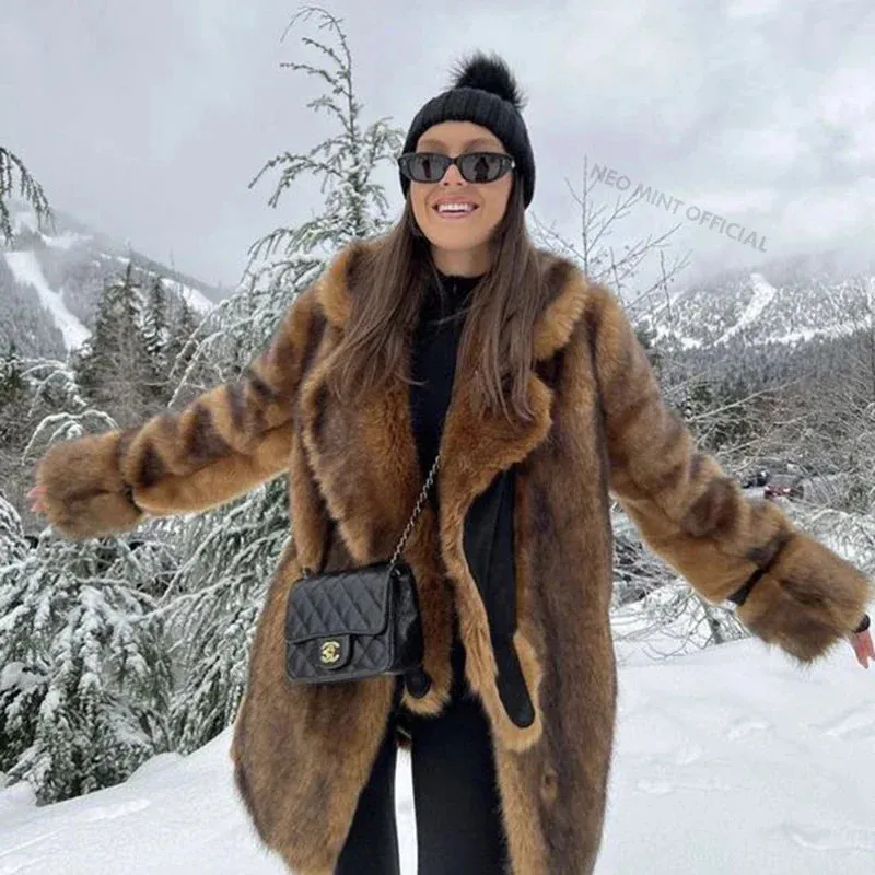 Fur Long Gradient Brand Vintage Fur Cutting-edge software Jacket Warm Outerwear Faux Winter  Luxury Women Brown High-end Furry Thick Coat Fluffy