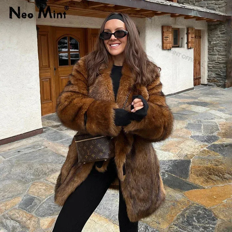 Fur Long Gradient Brand Vintage Fur Cutting-edge software Jacket Warm Outerwear Faux Winter  Luxury Women Brown High-end Furry Thick Coat Fluffy