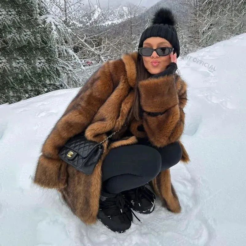 Fur Long Gradient Brand Vintage Fur Cutting-edge software Jacket Warm Outerwear Faux Winter  Luxury Women Brown High-end Furry Thick Coat Fluffy