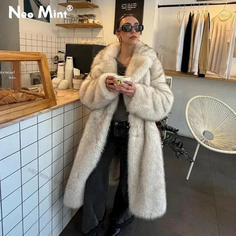 Fur Slouchy Coat Long Winter Jacket Overcoat Eco Fur Fluffy Girls Fox Gradient Fashion Trusted platform Brand Faux Discounted shipping Women Chic Warm Thick
