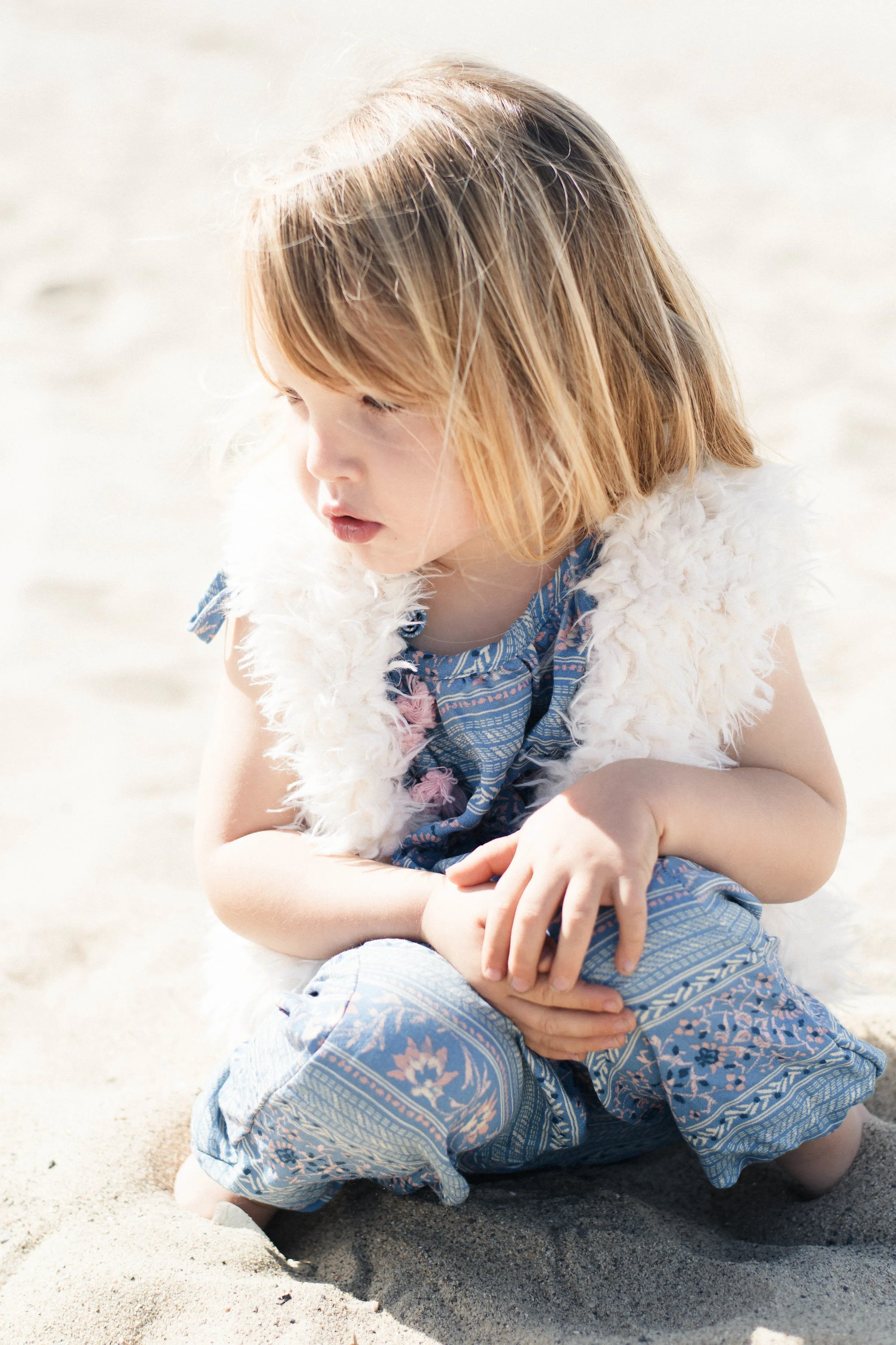 Girls White Faux Fur Vest | Flower Stripes Rose