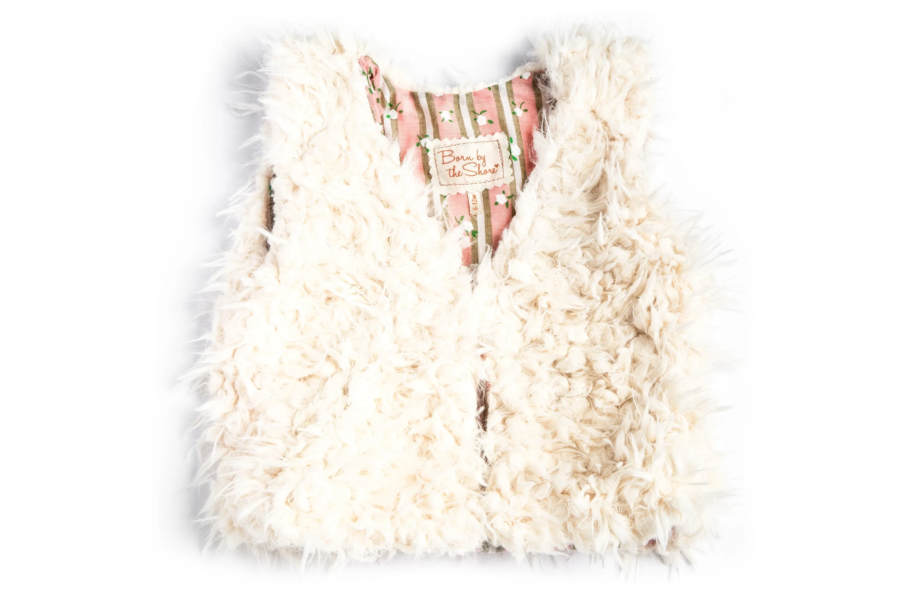 Girls White Faux Fur Vest | Flower Stripes Rose