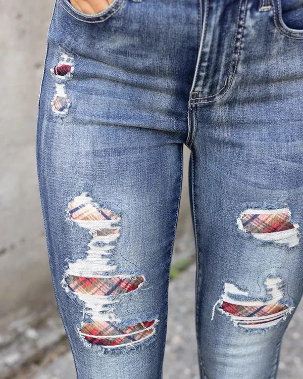Grace & Lace Plaid Patched Denim - Vintage Mid Wash