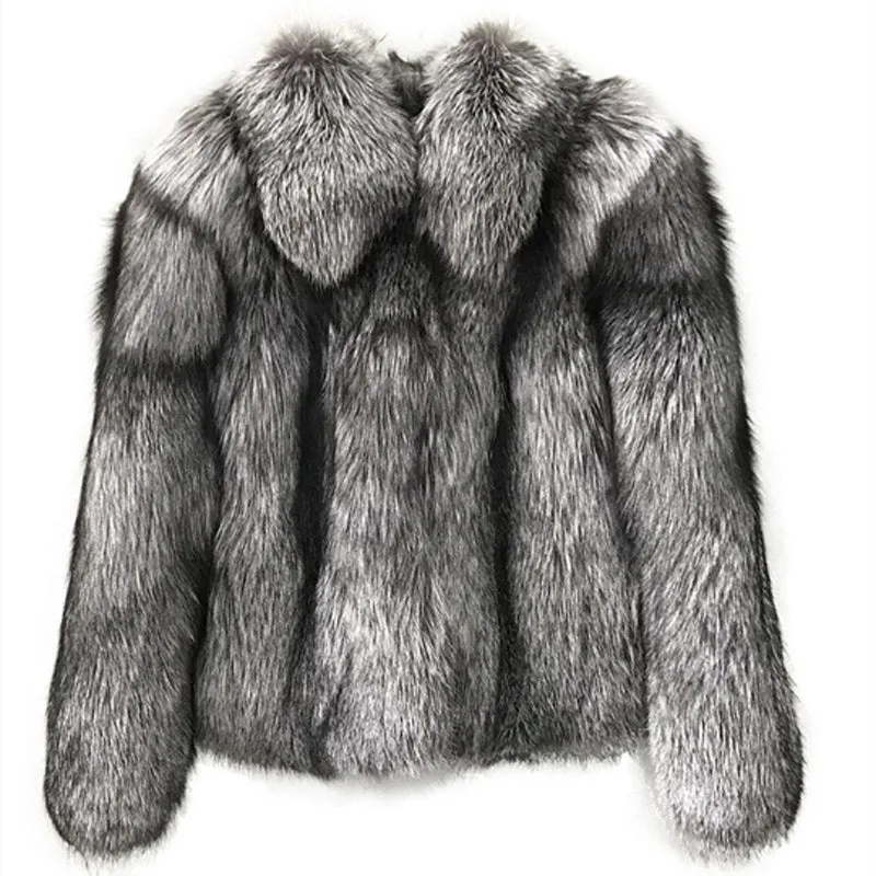 Gray and Black Faux Fur Coat