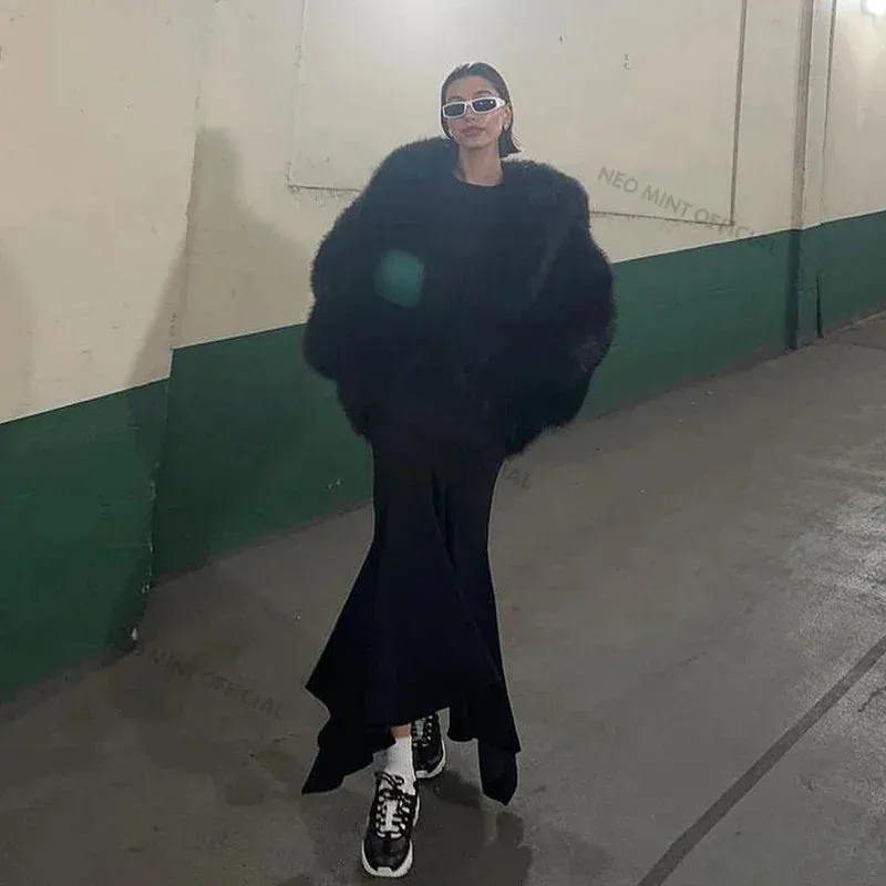 Hailey Coat Runway Faux Overcoat Hooded Chic Brand Jacket Winter Daily special Compatible Women Iconic Shaggy Fox Batwing Fashion Fur Bieber Fur