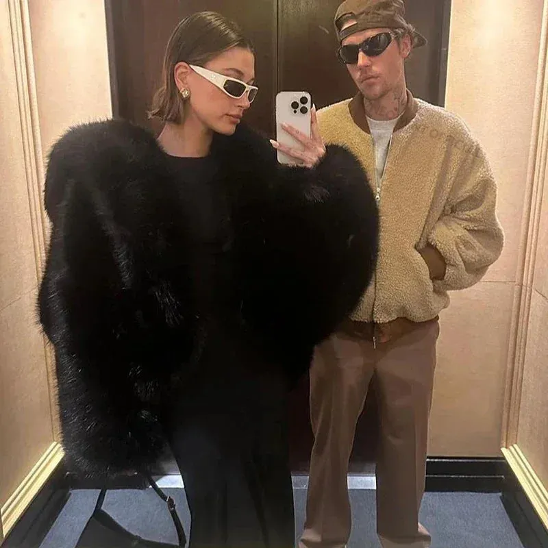 Hailey Coat Runway Faux Overcoat Hooded Chic Brand Jacket Winter Daily special Compatible Women Iconic Shaggy Fox Batwing Fashion Fur Bieber Fur