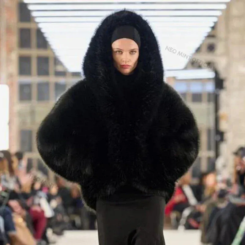 Hailey Coat Runway Faux Overcoat Hooded Chic Brand Jacket Winter Daily special Compatible Women Iconic Shaggy Fox Batwing Fashion Fur Bieber Fur