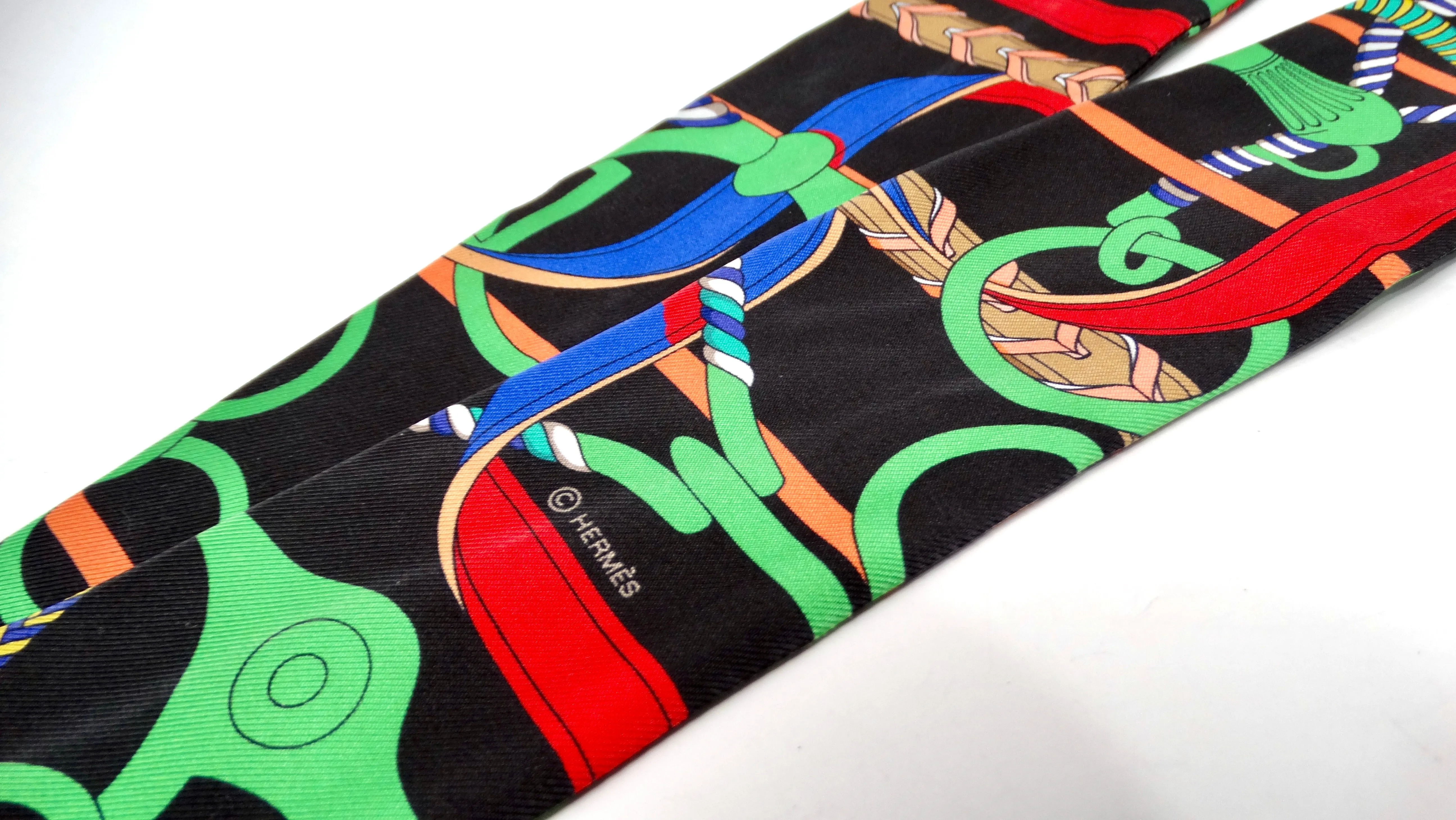 Hermes Black & Multicolor "Mors a Jouets" Print Silk Twilly