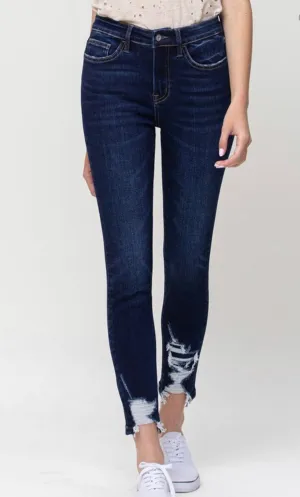 High Rise Distressed Hem Skinny Ankle Denim Dk Wash