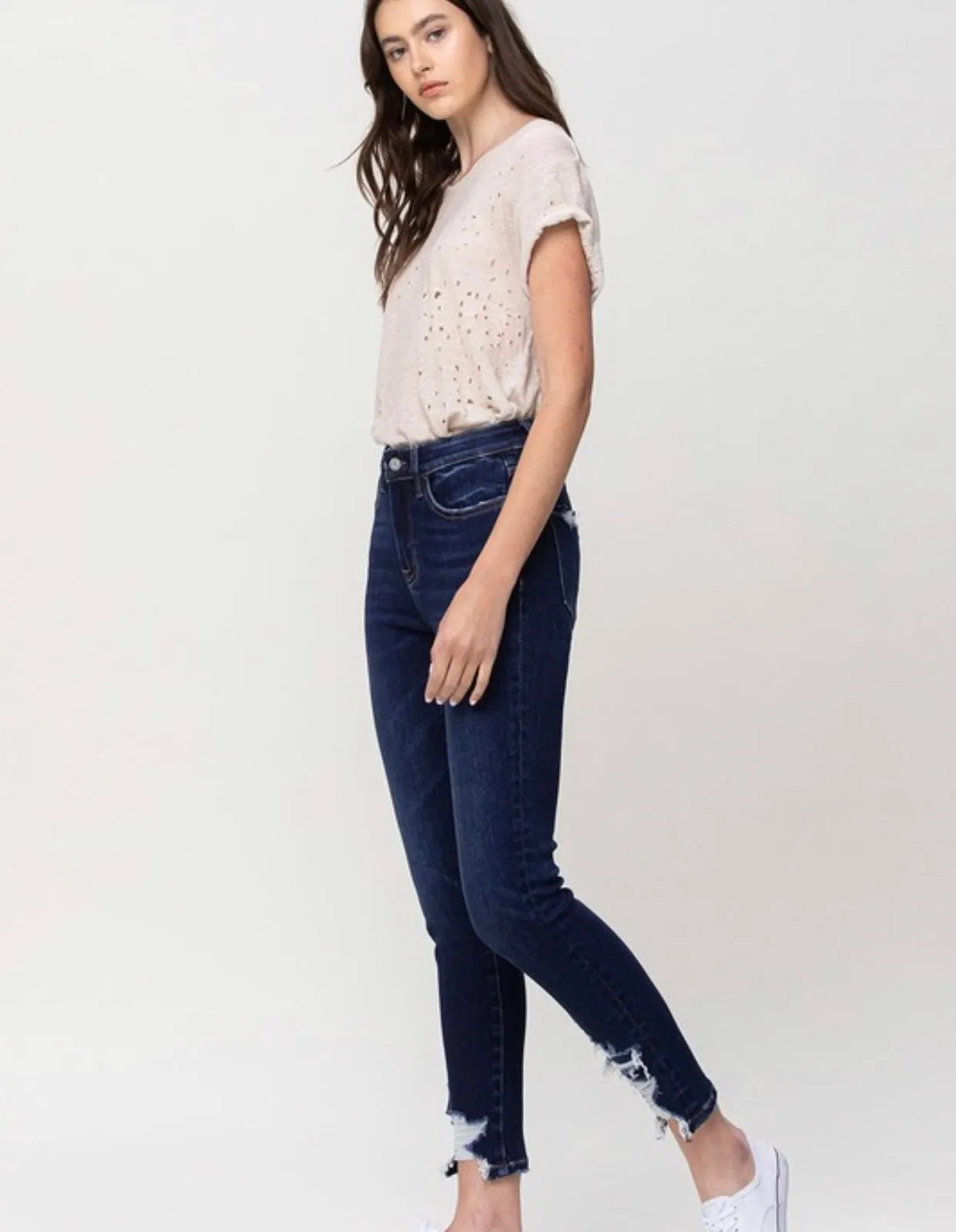 High Rise Distressed Hem Skinny Ankle Denim Dk Wash