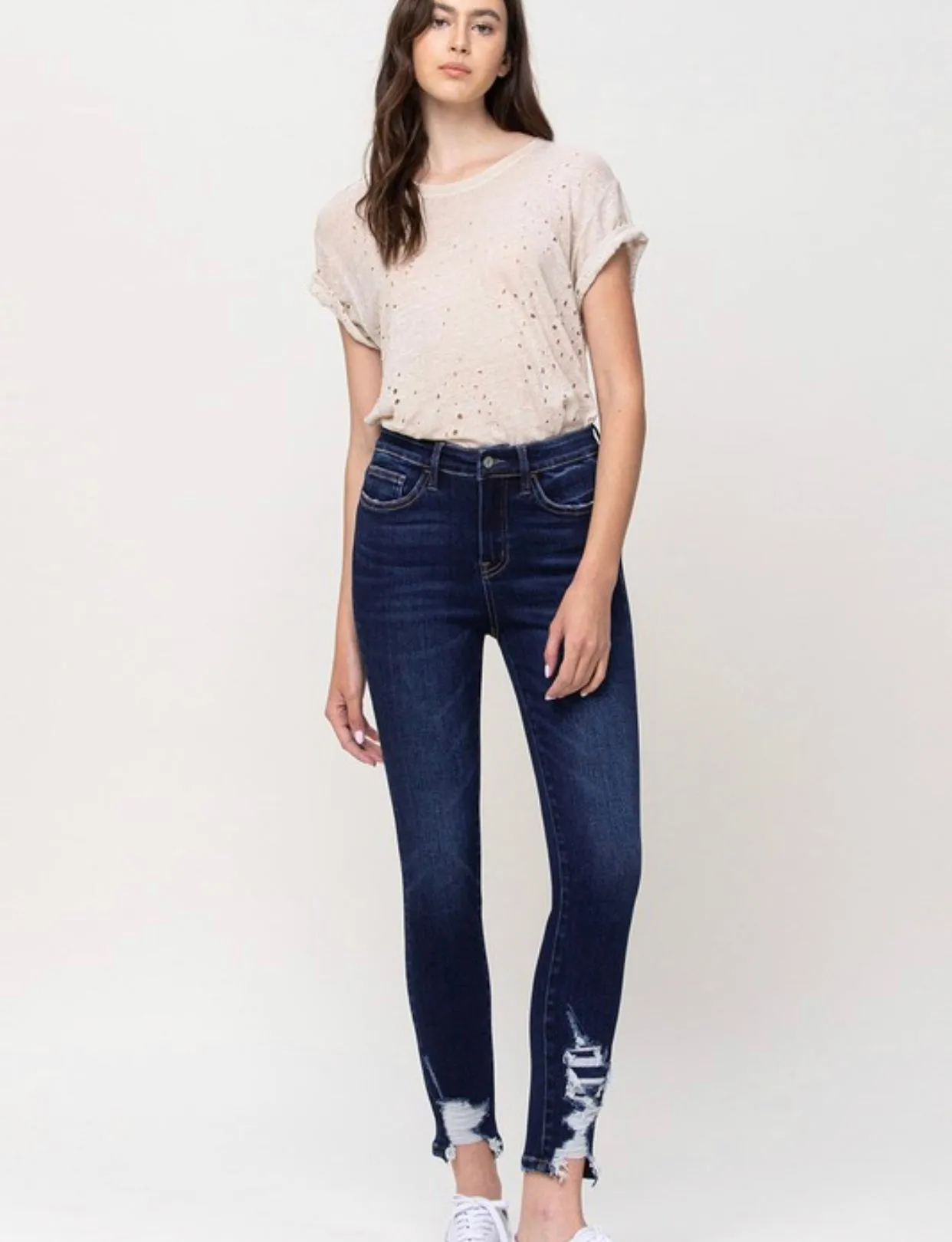 High Rise Distressed Hem Skinny Ankle Denim Dk Wash