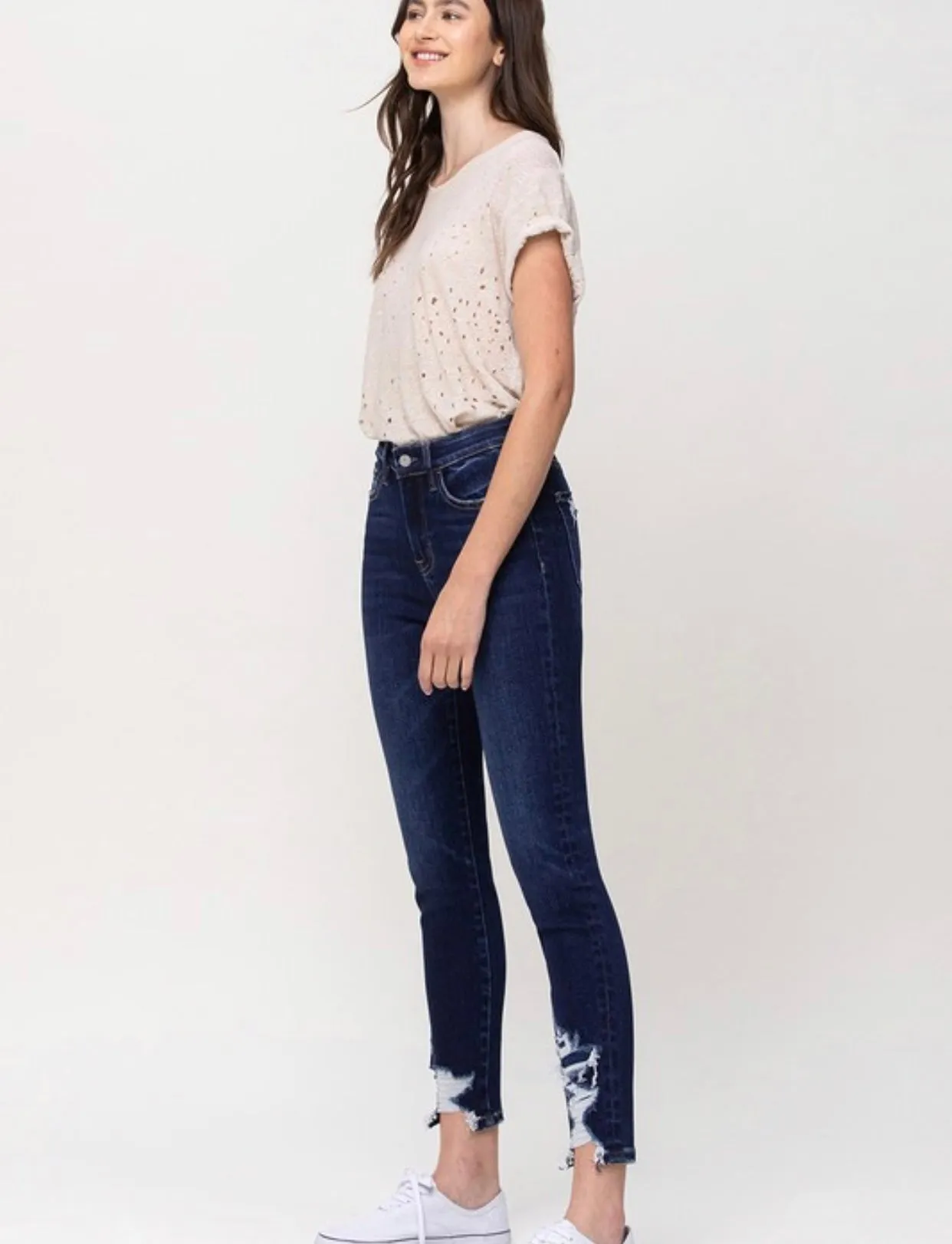 High Rise Distressed Hem Skinny Ankle Denim Dk Wash