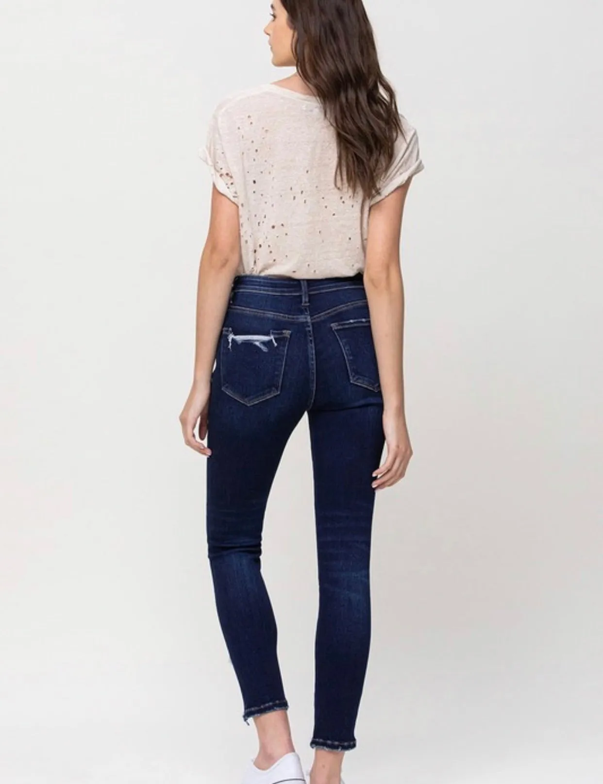 High Rise Distressed Hem Skinny Ankle Denim Dk Wash
