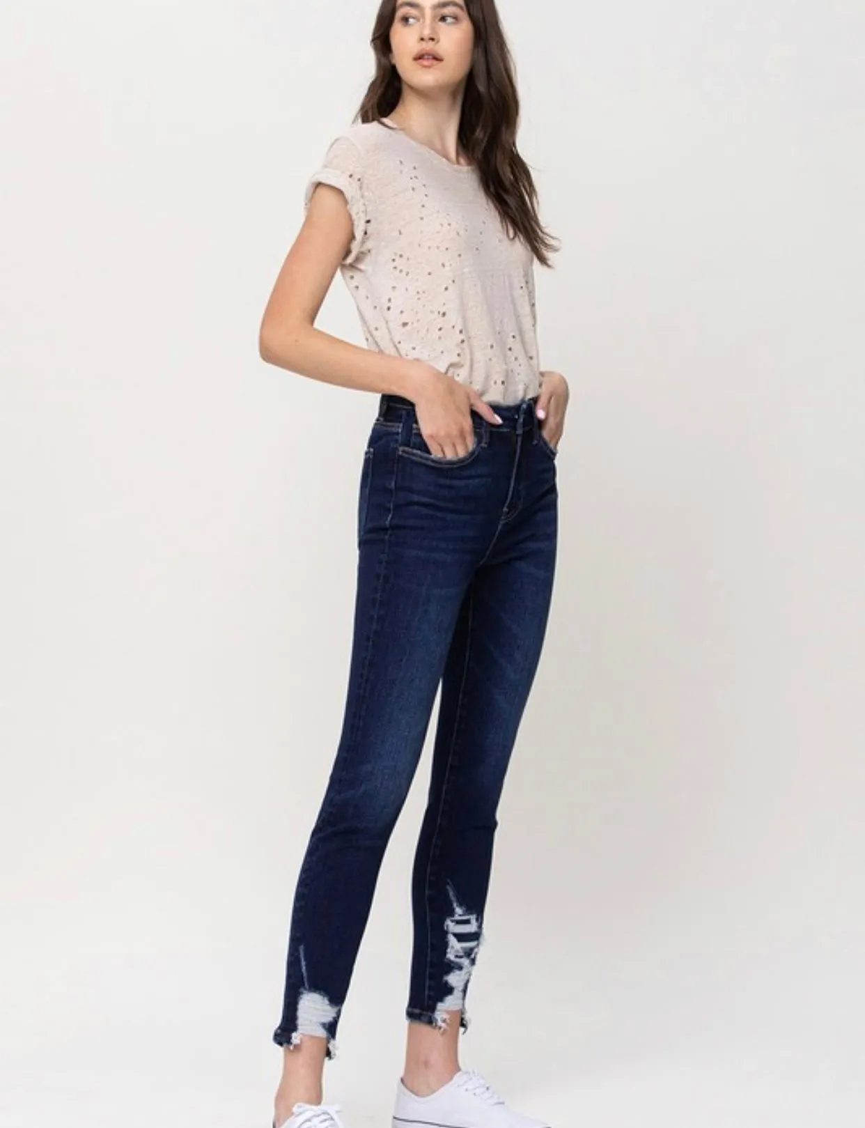 High Rise Distressed Hem Skinny Ankle Denim Dk Wash