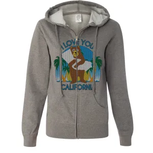 I Love You CA Knit Style Bear Ladies Lightweight Fitted Zip-Up Hoodie