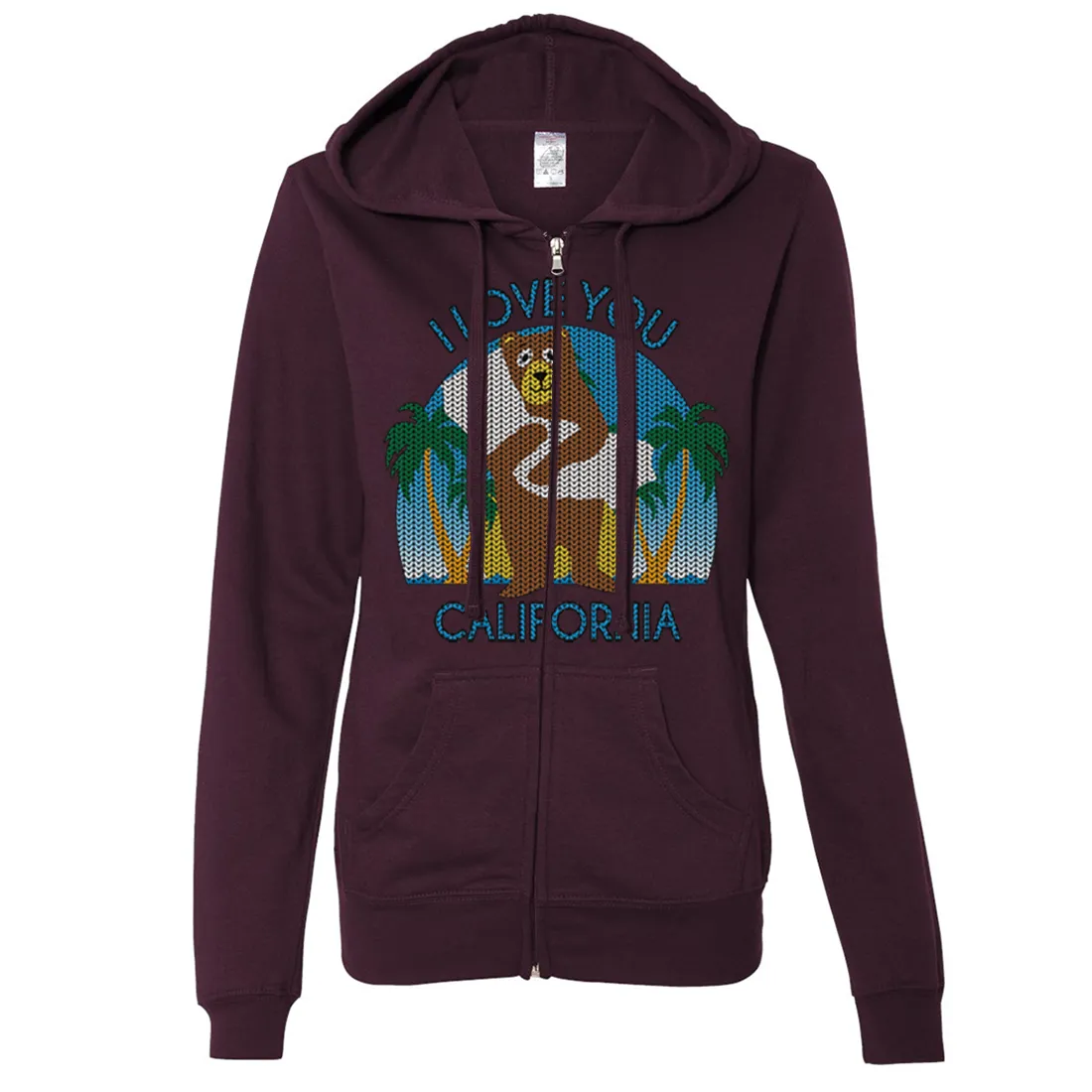 I Love You CA Knit Style Bear Ladies Lightweight Fitted Zip-Up Hoodie