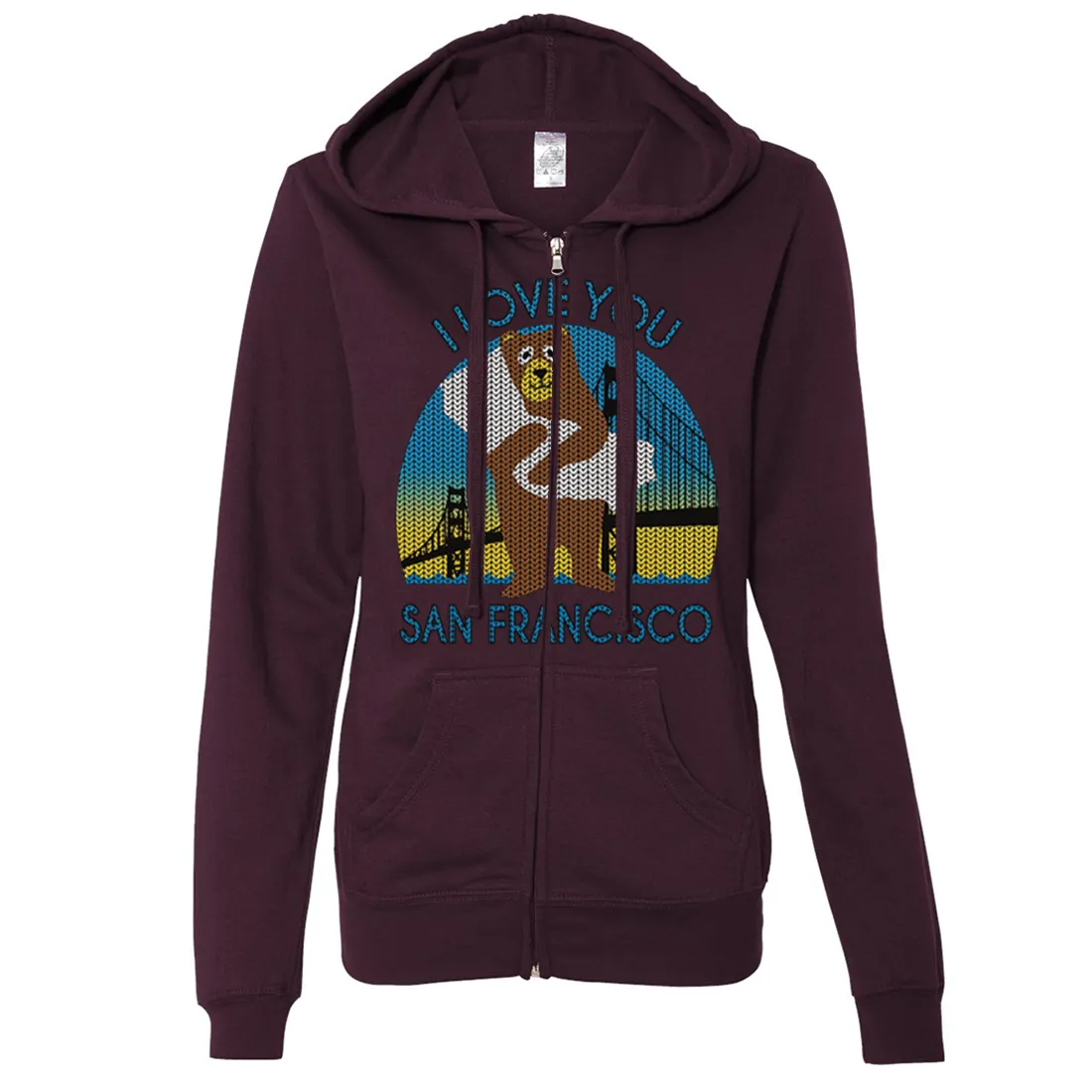 I Love You SF Knit Style Bear Ladies Lightweight Fitted Zip-Up Hoodie