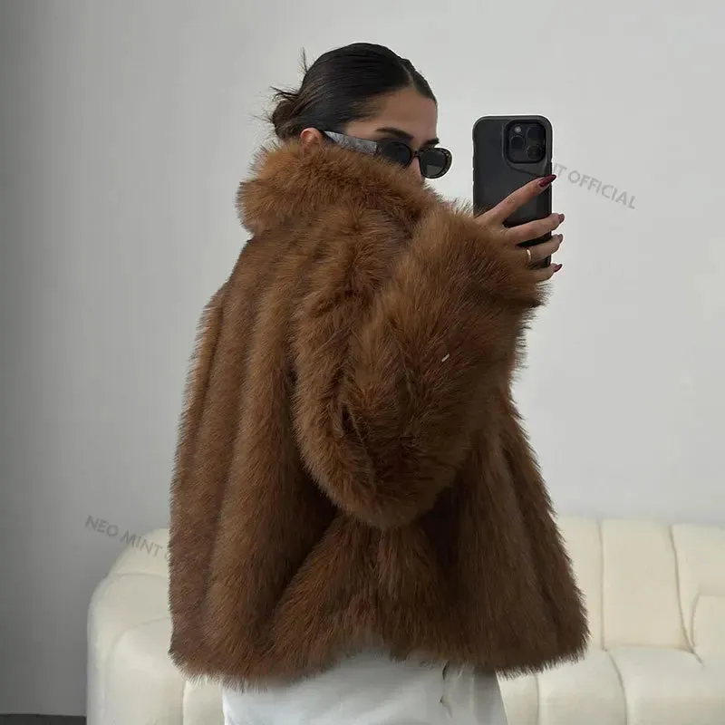 Iconic Collar Fox Outerwear Fashion Fluffy Coat Fur Ins Women Holiday sale Winter Hot Chic Square Faux Blogger Girls Jacket Fur Courteous