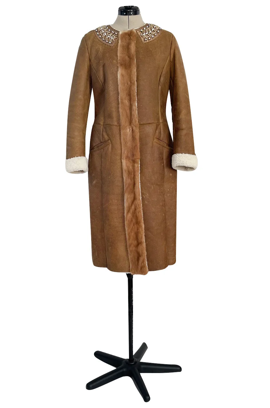 Iconic Fall 2004 Prada Look 14 Runway Shearling Coat w Mink Beading & Crystal Detailing