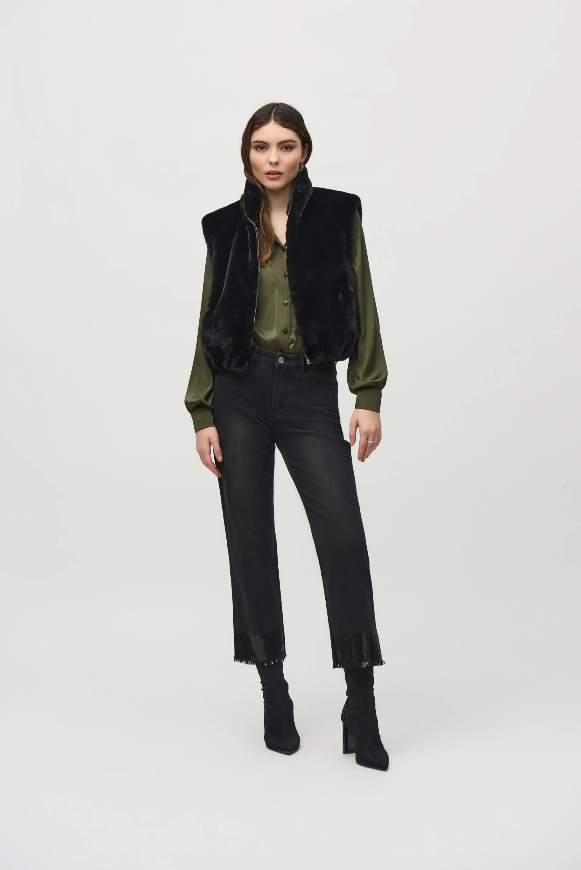 Joseph Ribkoff Black Faux Fur Zip-Up Cropped Vest 244919