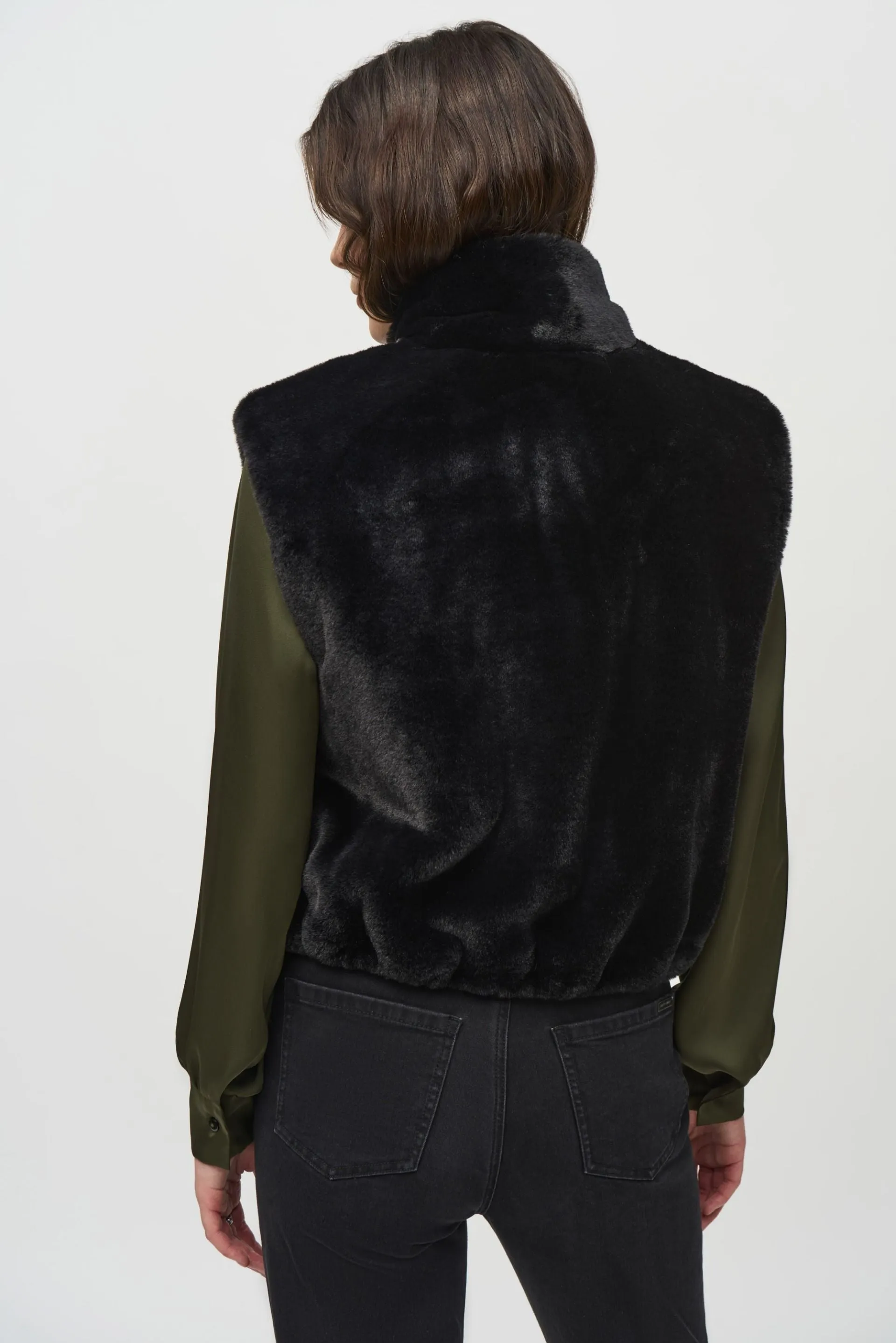 Joseph Ribkoff Black Faux Fur Zip-Up Cropped Vest 244919