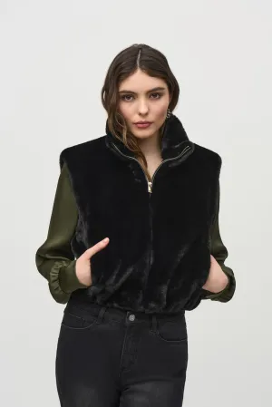 Joseph Ribkoff Black Faux Fur Zip-Up Cropped Vest 244919
