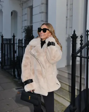 Karen Millen Cream Faux Fur Biker Coat UK 8