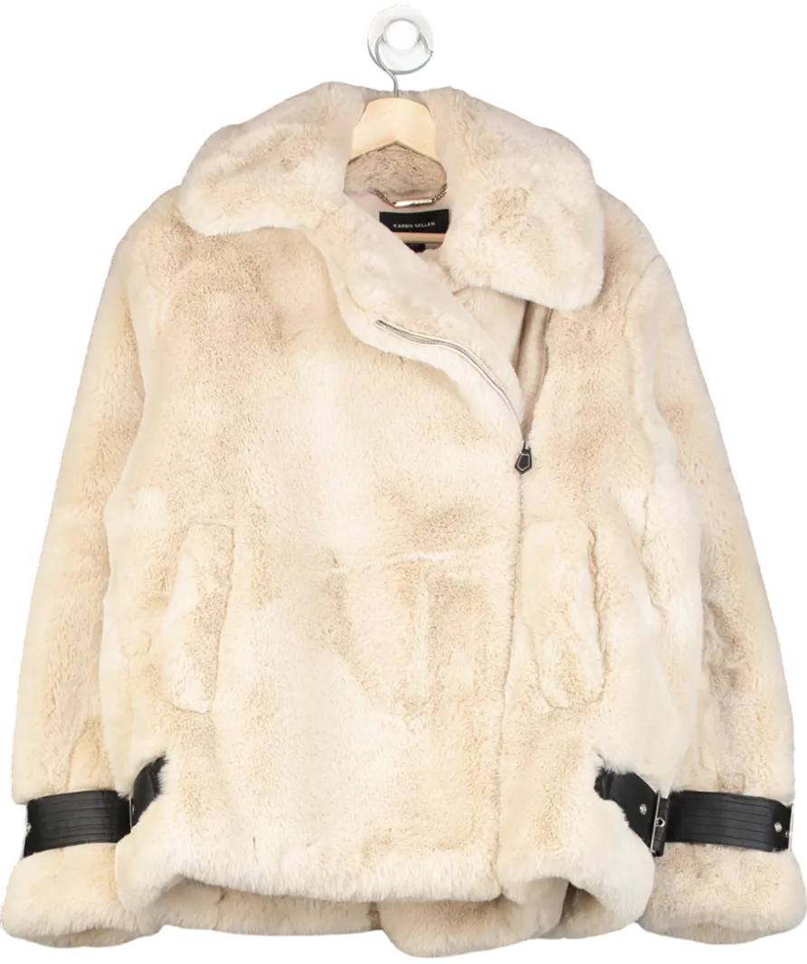 Karen Millen Cream Faux Fur Biker Coat UK 8
