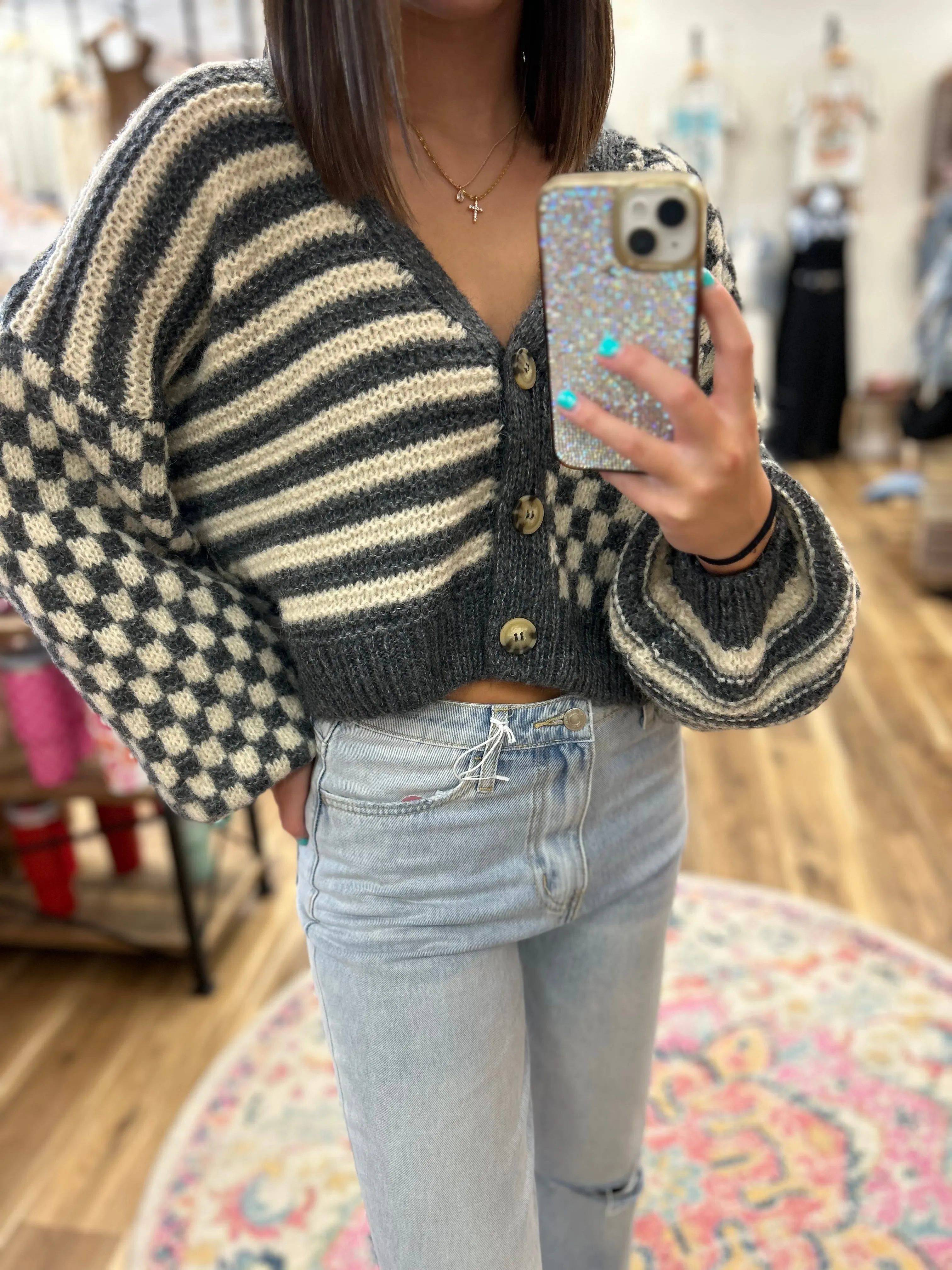 Kylie Charcoal Stripe and Checkered Cardigan