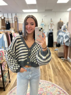 Kylie Charcoal Stripe and Checkered Cardigan