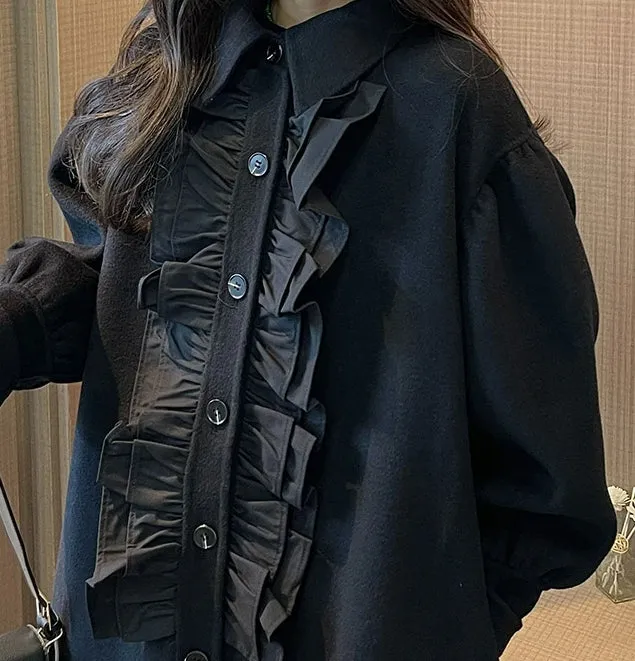 Lautaro Ruffled Woolen Lantern Sleeve Overcoat