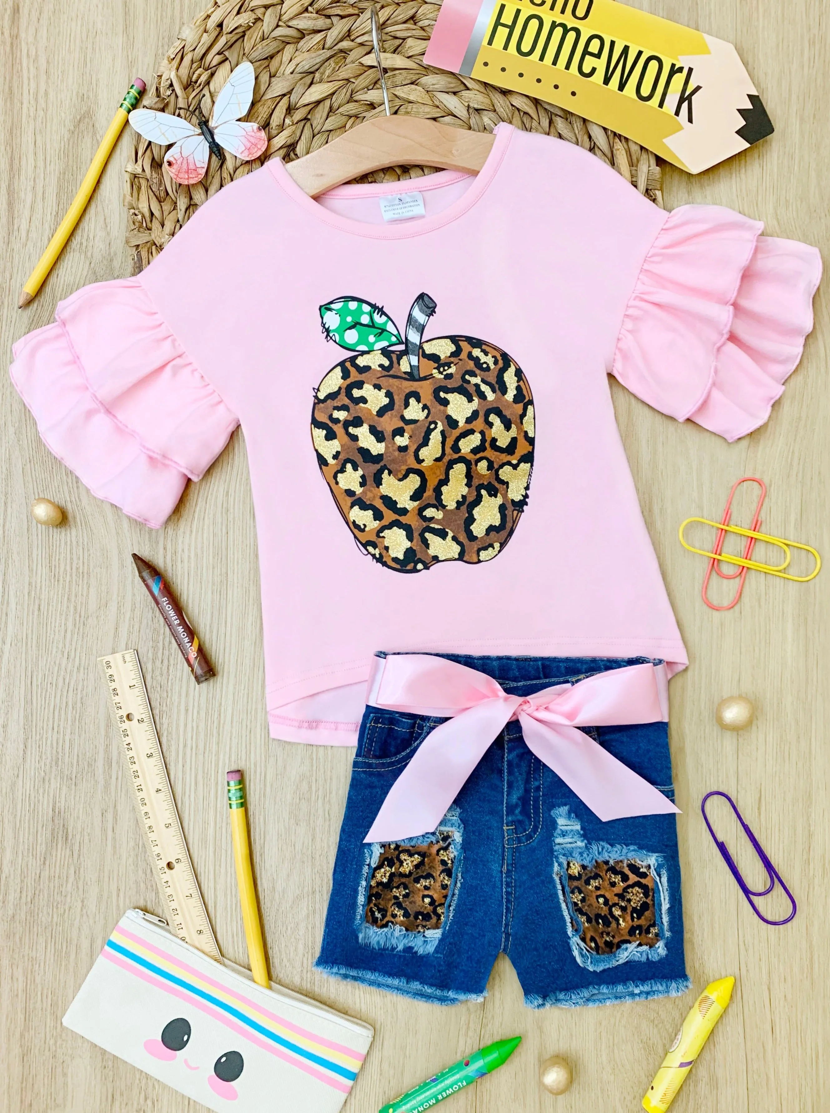 Learning Leopard Patched Denim Short Set