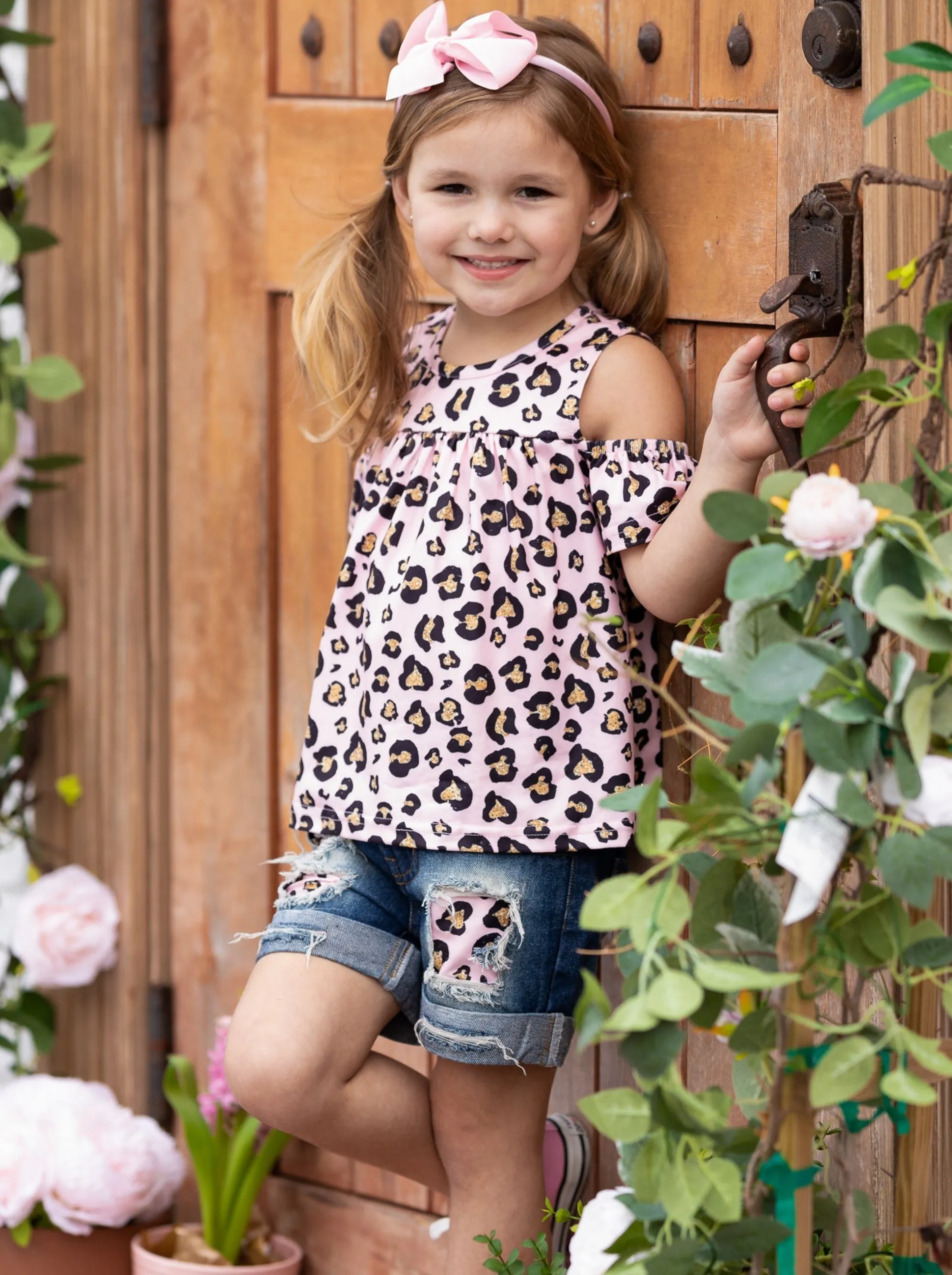 Lovely Leopard Patch Denim Short Set