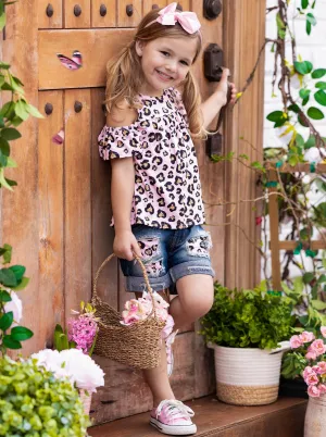 Lovely Leopard Patch Denim Short Set
