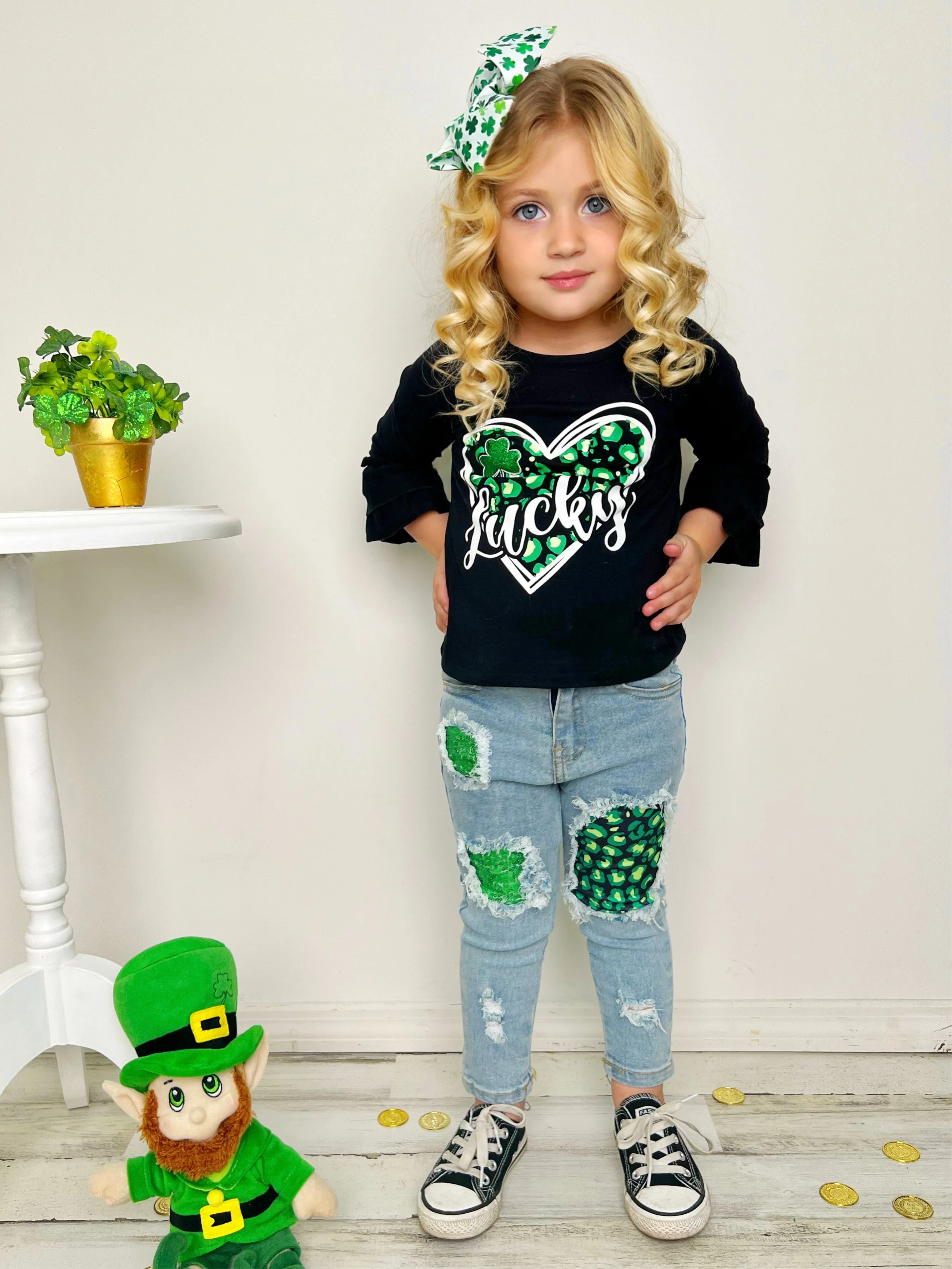 Lucky Heart Patched Jeans Set