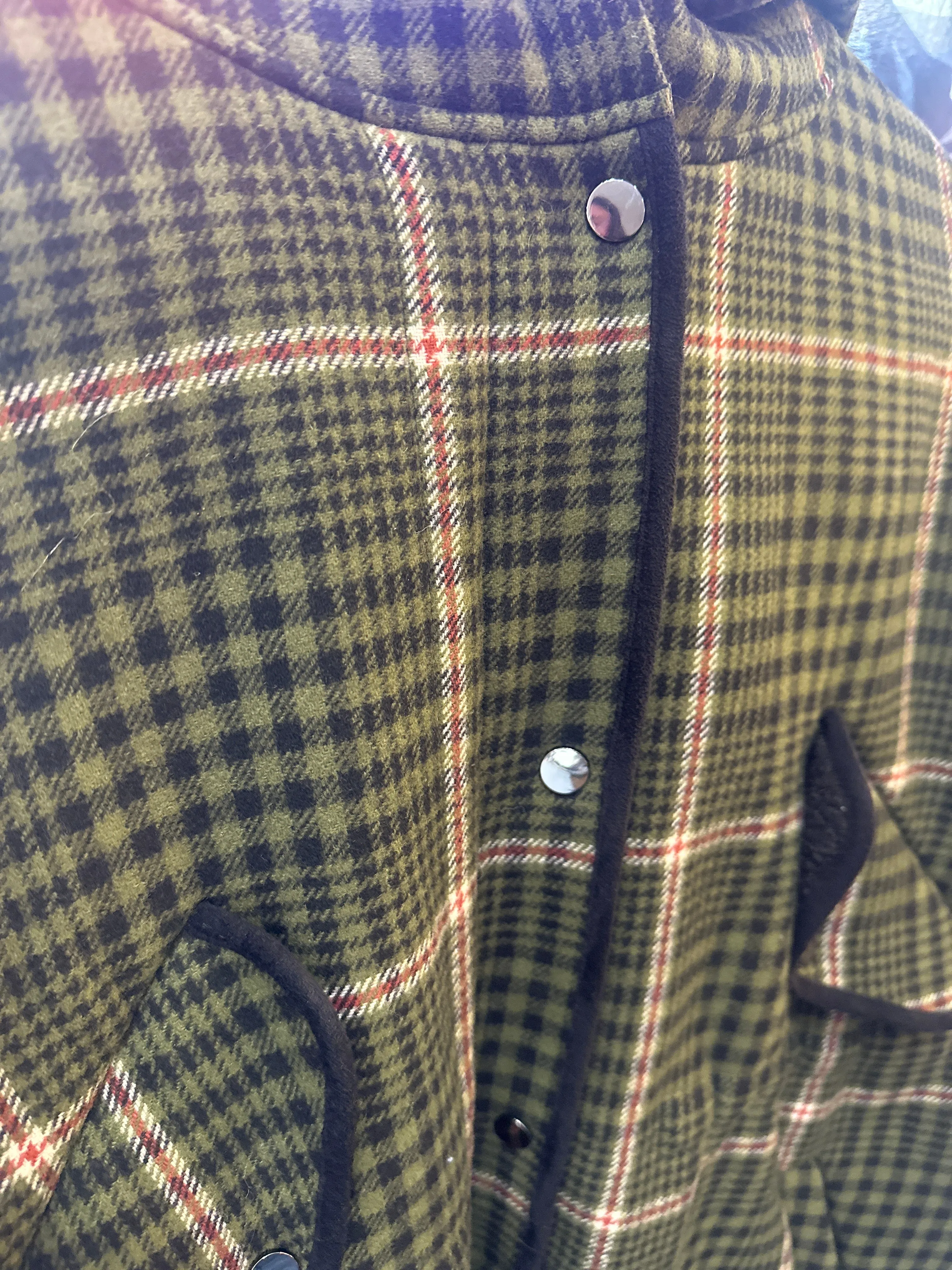 Maje Green Plaid and Black Faux Sherpa Coat