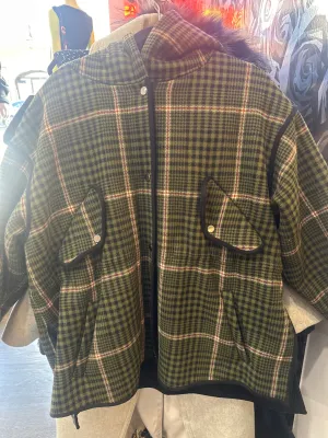 Maje Green Plaid and Black Faux Sherpa Coat
