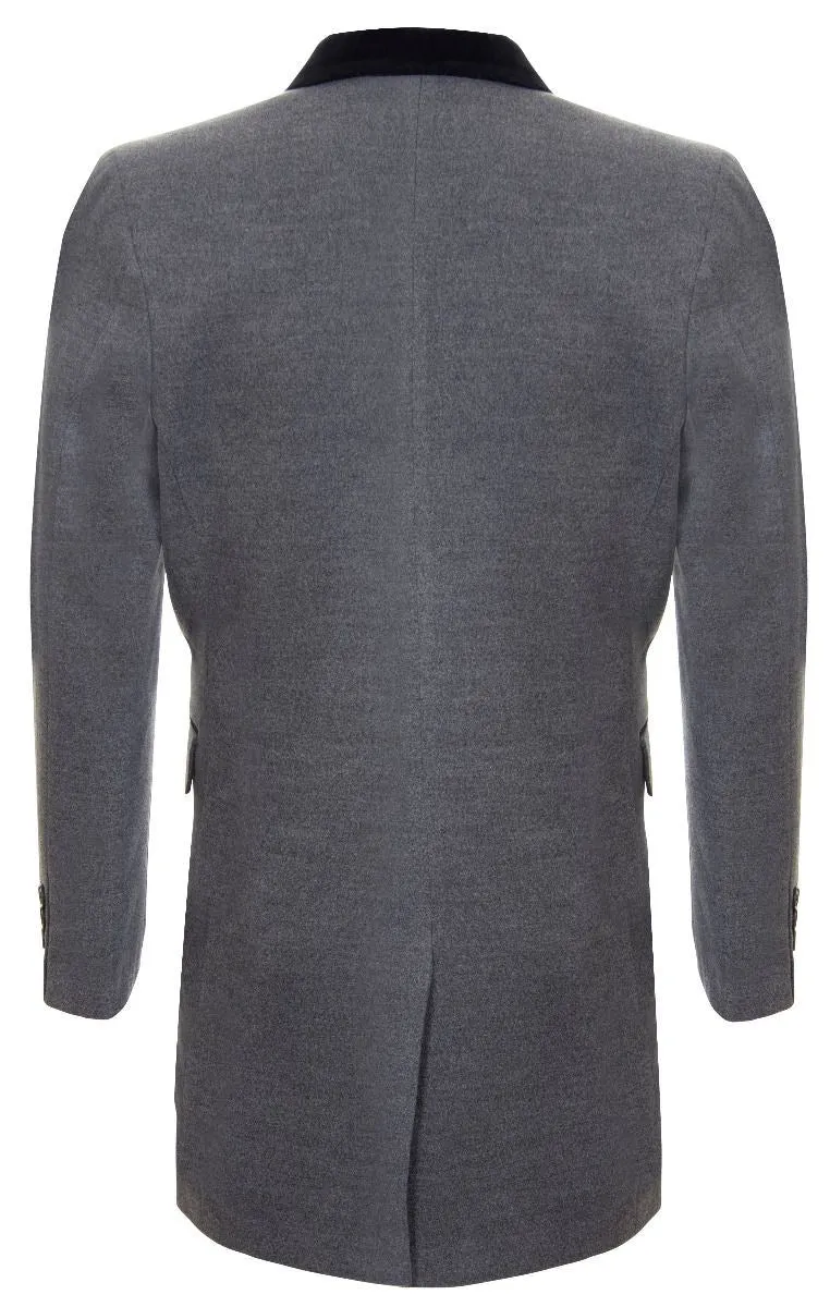 Mens 3/4 Grey Long Crombie Overcoat Jacket Herringbone Tweed Coat Peaky Blinder