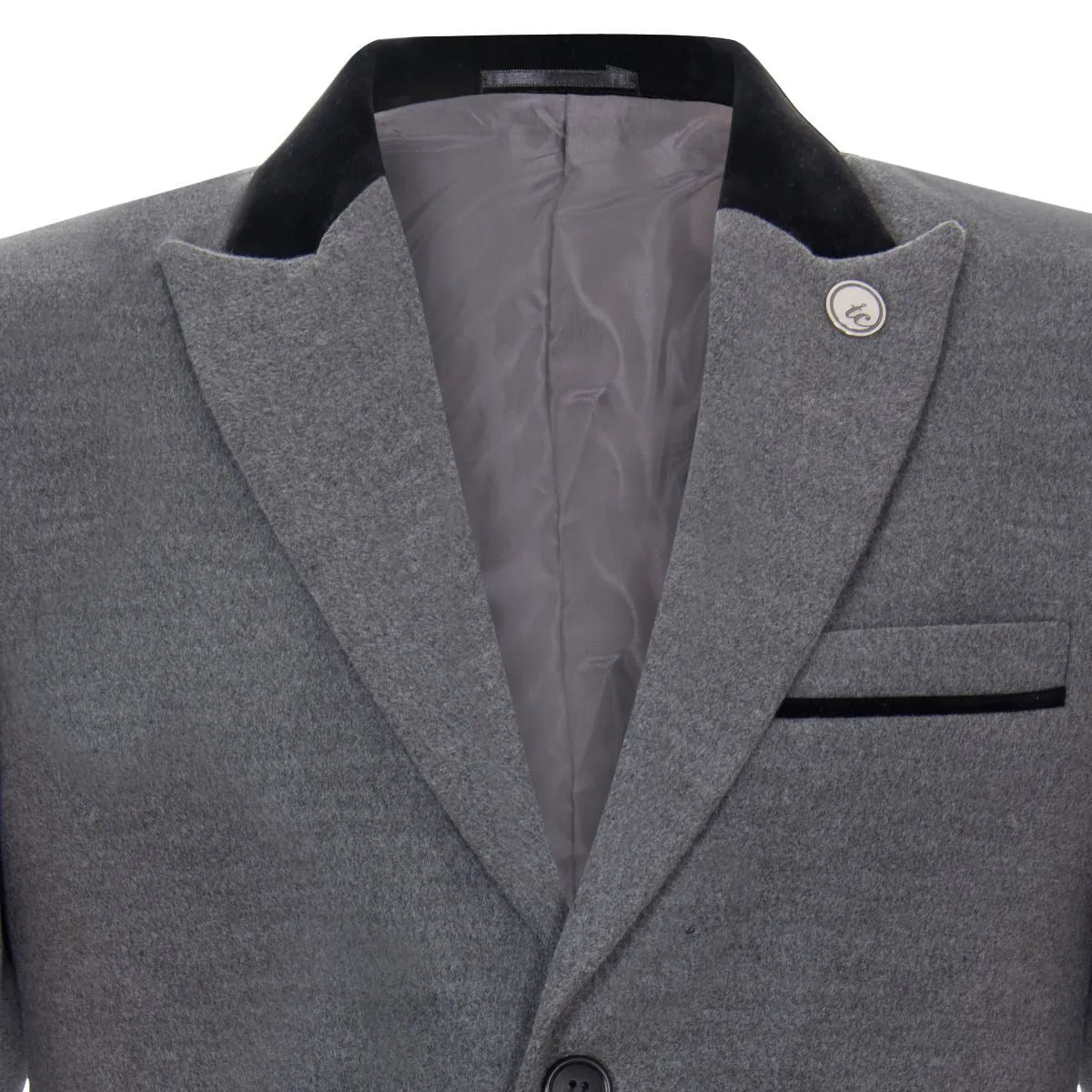 Mens 3/4 Grey Long Crombie Overcoat Jacket Herringbone Tweed Coat Peaky Blinder