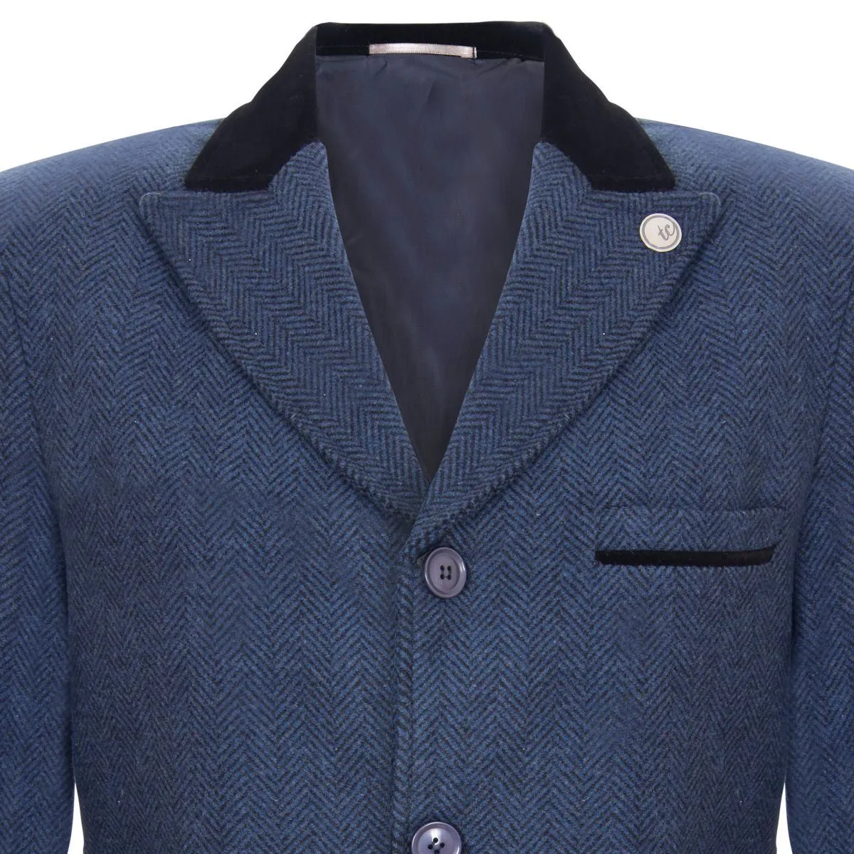 Mens 3/4 Long Navy Crombie Overcoat Jacket Herringbone Tweed Coat Peaky Blinder