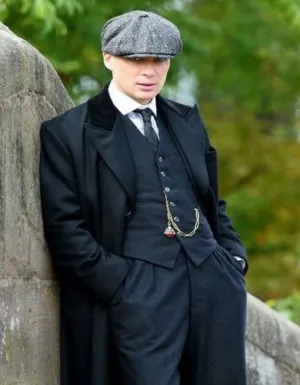 Men's Black Collar Viscose Lining Peaky Blinders Suits - Peaky Blinders Outfits   Overcoat   Hat (Peaky Blinder Custome)