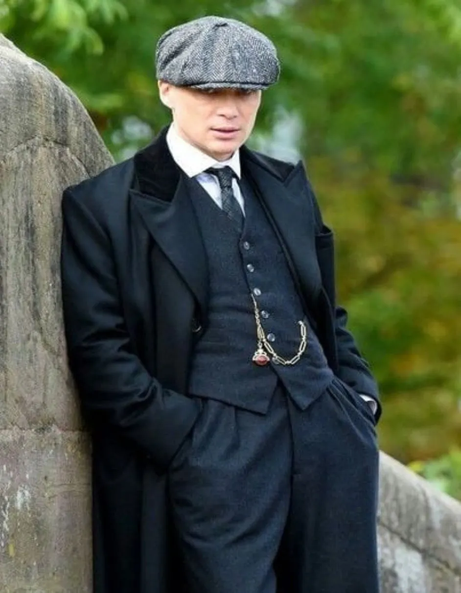 Men's Black Collar Viscose Lining Peaky Blinders Suits - Peaky Blinders Outfits   Overcoat   Hat (Peaky Blinder Custome)